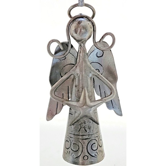 ORNAMENT/SHELF DECOR-Bell-Pewter Color-Angel-Wings-Star-Hanging Ribbon - Picture 1 of 8